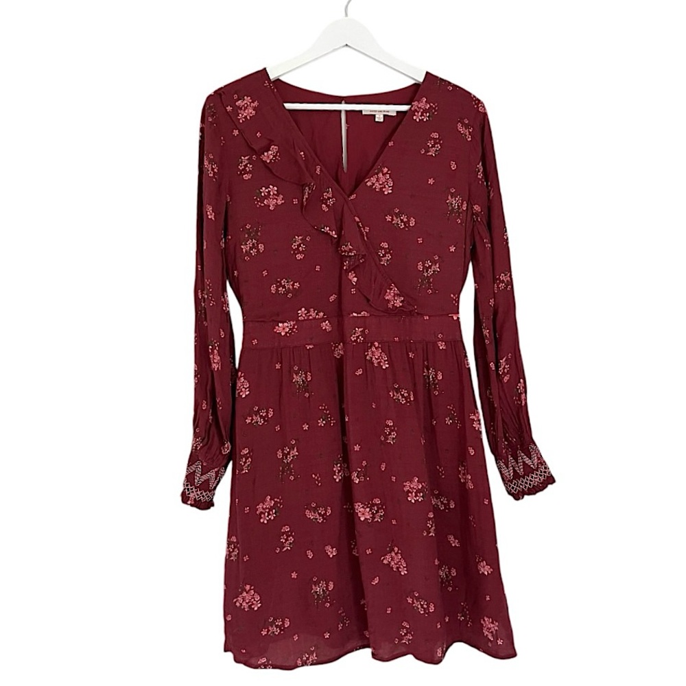 Skies Are Blue V Neck‎ Floral Long Sleeve Dress Red Pink Green Size Small